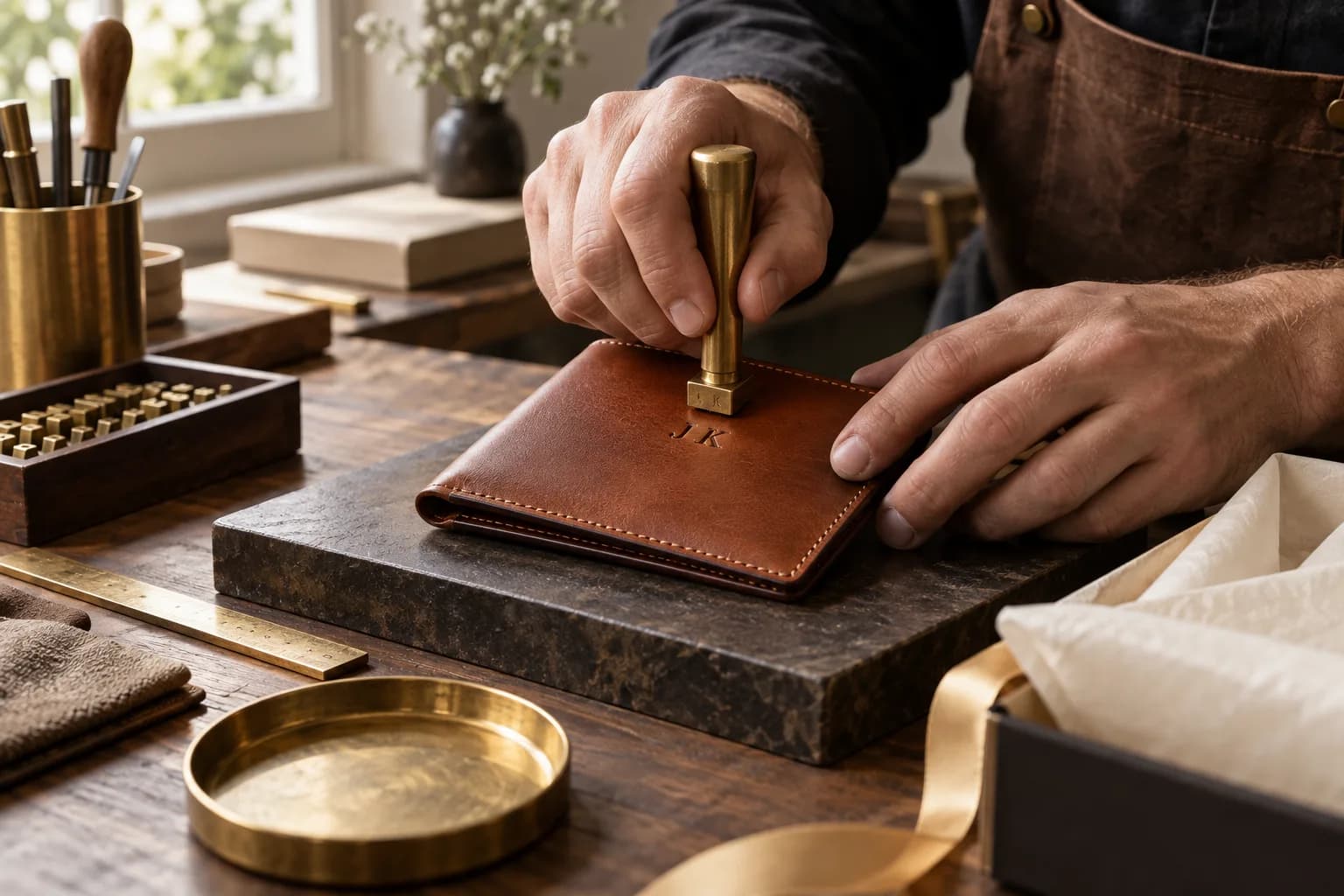 Artisan embossing a leather wallet at a workbench