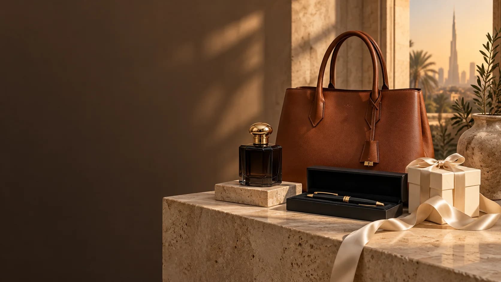 Luxury leather bag, perfume and personalized gifts arranged together